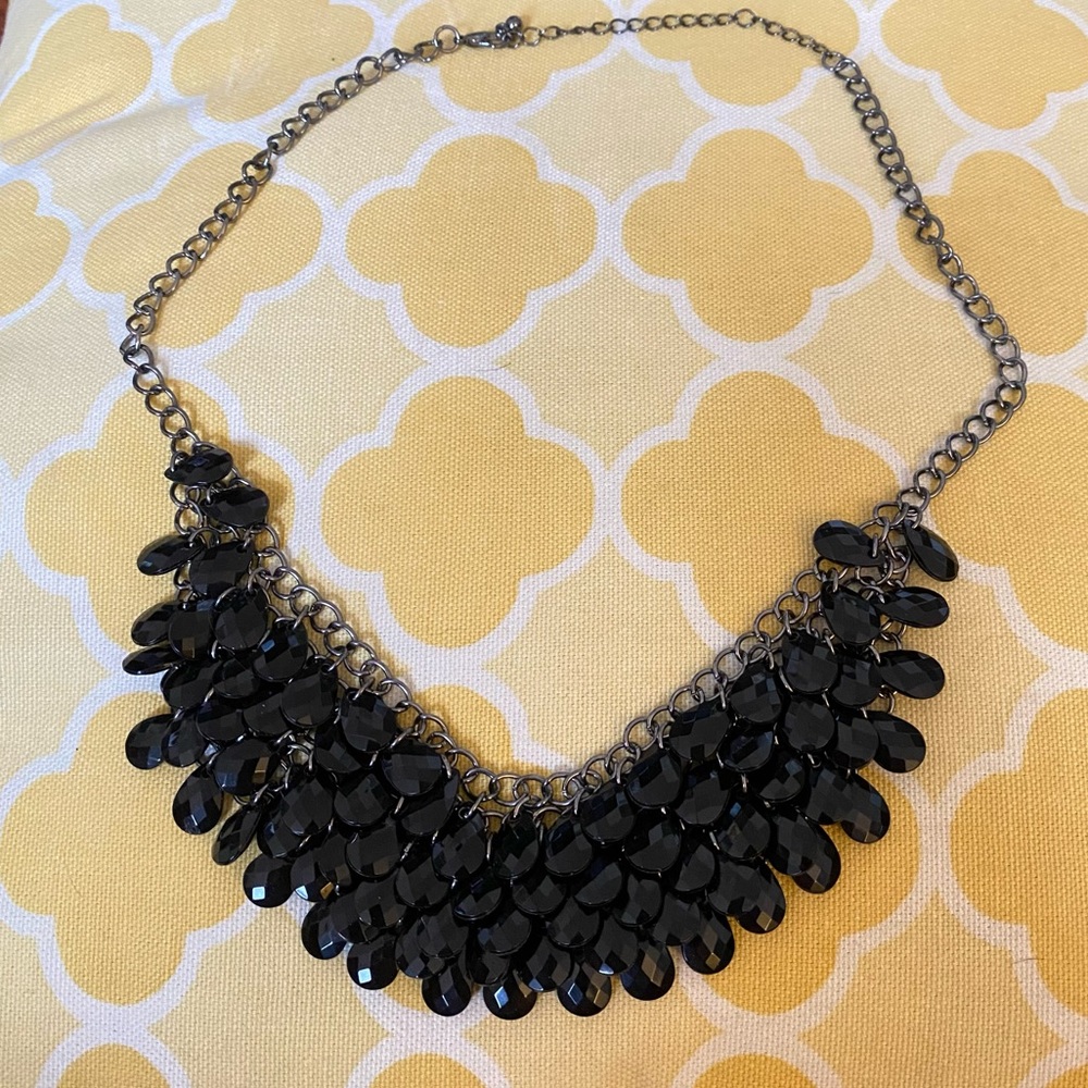 Black Beaded Teardrop Statement Necklace Silver Tone Jewelry 5 Layer Drop